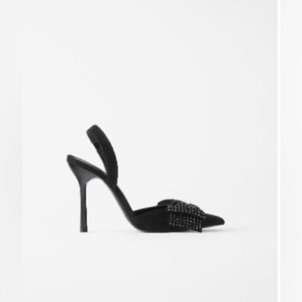 Zara Black Slingback Heels with Studded Bow - Size 38 -NWT